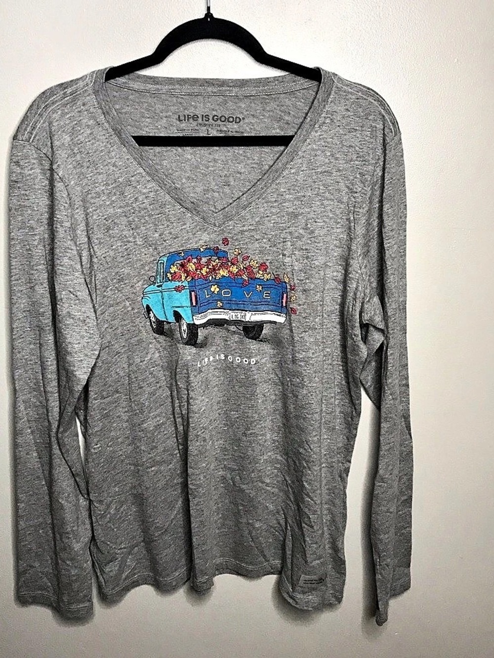 Life is Good Women's V-Neck Long Sleeve Tee Gray Large